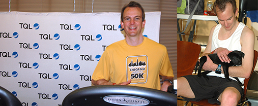 Smiling Employee Running On A Treadmill Next To A Picture Of Him Holding A Puppy