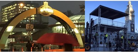 The Golden Archway At The SuperBowl Stadium And A Picture of The Superbowl Setting Up