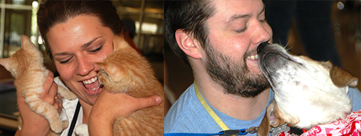 A Picture Of A Woman With Two Orange Kittens And A Picture Of A Man With A Dog