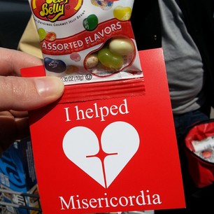 bag of jelly beans and card saying I helped Misericordia