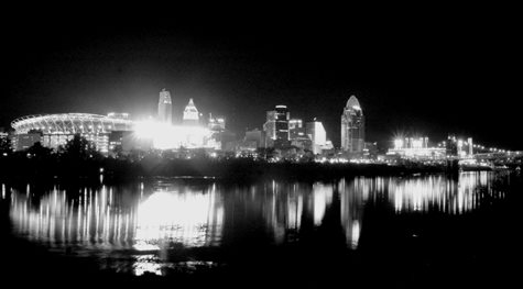 Black And White Picture Of The Cincinnati Skyline At Night