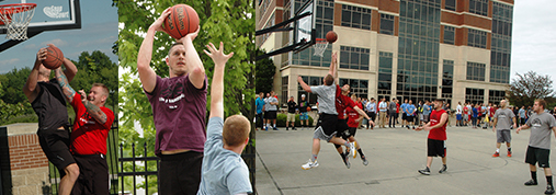 Three Photos Of TQL Employees Participating In Their Basketball Tournament On The TQL Basketball Courts