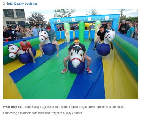 Four Employees Racing Inflatable Horses On An Inflatable Race Track