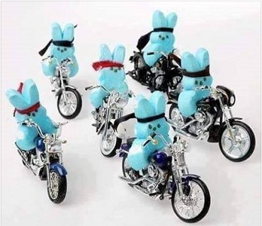 Peeps on tiny motorcycles with bandannas on