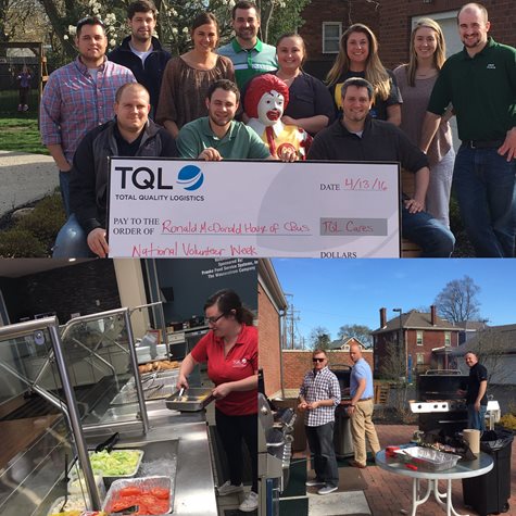 Emplpoyees Smiling With Ronald McDonald Mascot And A Large Check Along With Two Pictures Of Volunteering